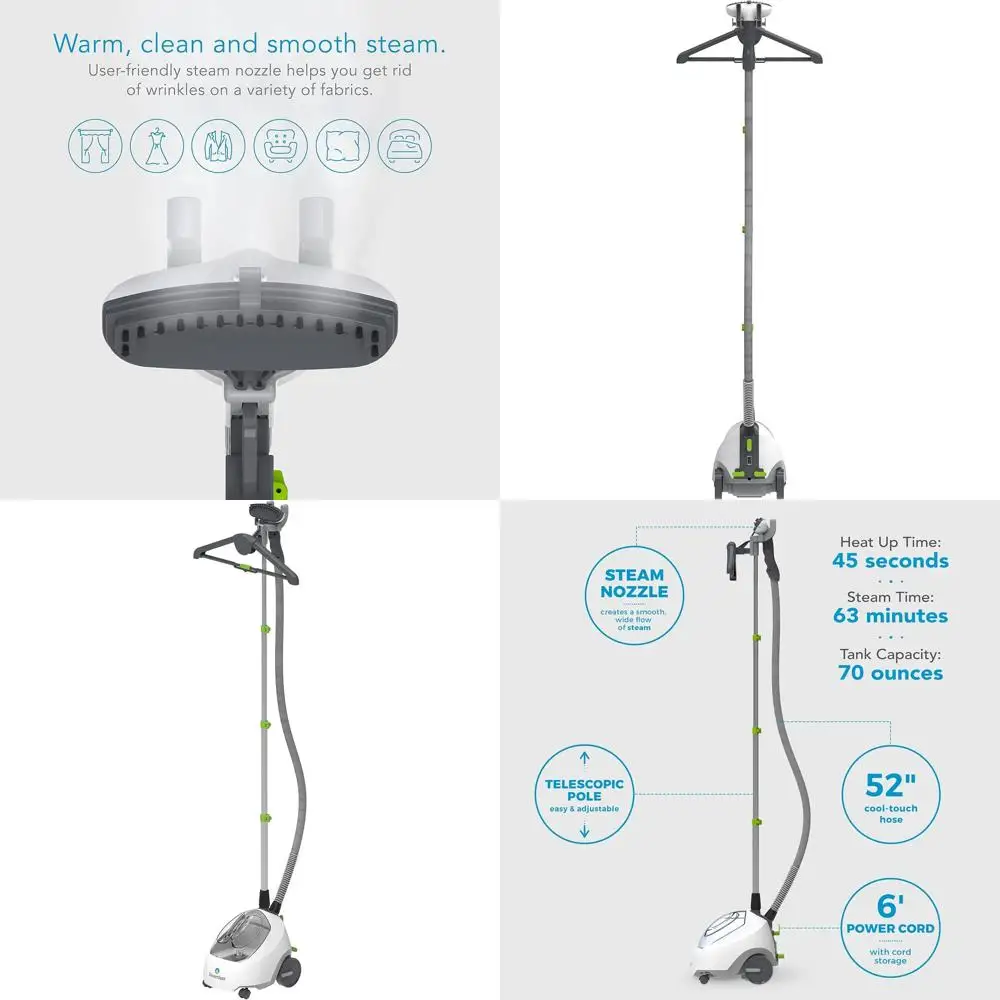 

Полноразмерный отпариватель для ткани с термоизолированным шлангом, вешалкой для одежды, щеткой для ткани, быстрым нагревом, резервуаром на 70 унций, паром без химикатов, шнуром питания.