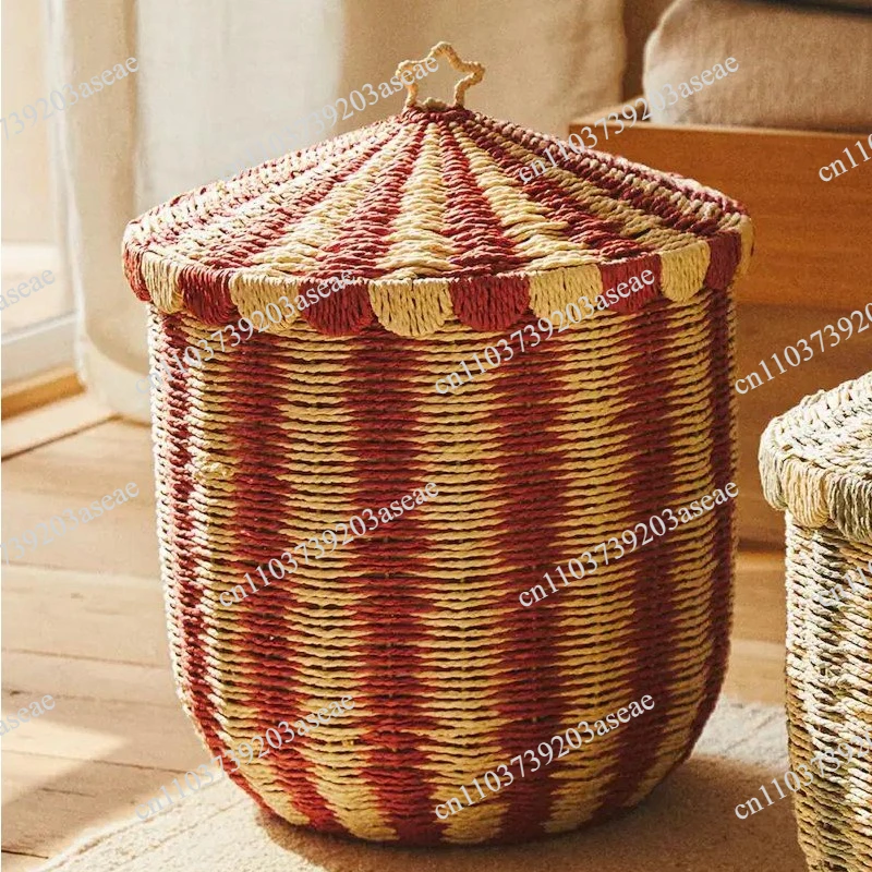 Rattan circus striped storage basket, laundry basket, woven basket, household finishing storage box