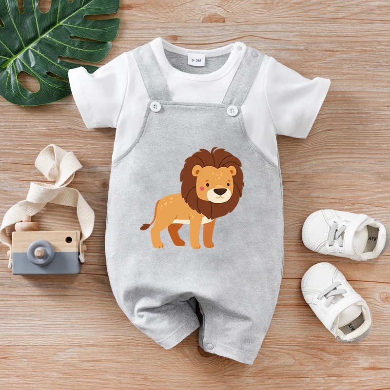 

Летний комбинезон-кенгуру из двух частей с короткими рукавами и круглым вырезом с милым рисунком льва для мальчиков и девочек, мягкий и удобный