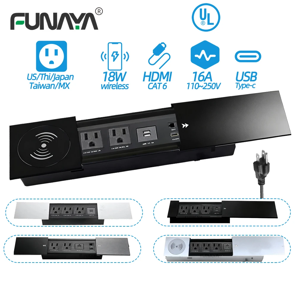 

US Table slide cover socket Hidden Recessed Embedded desk Outlets with USB Wireless Charge Multi Plug 10A 110~250V 2600W Socket