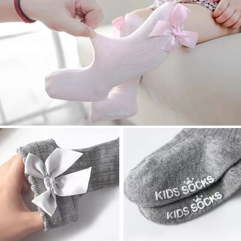 5 Pairs of Multi-color Baby Girl's Big Bow Knee Length Socks Wholesale Summer Thin Mesh Hollow Out Non Slip Short Sock Girl Gift