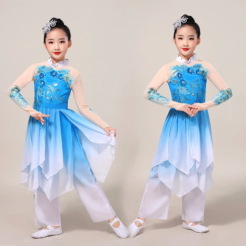 

Girls' stereoscopic flower classical dance costumes Chinese Folk Jasmine Yangko costumes fan dance elegant sequins dance costume