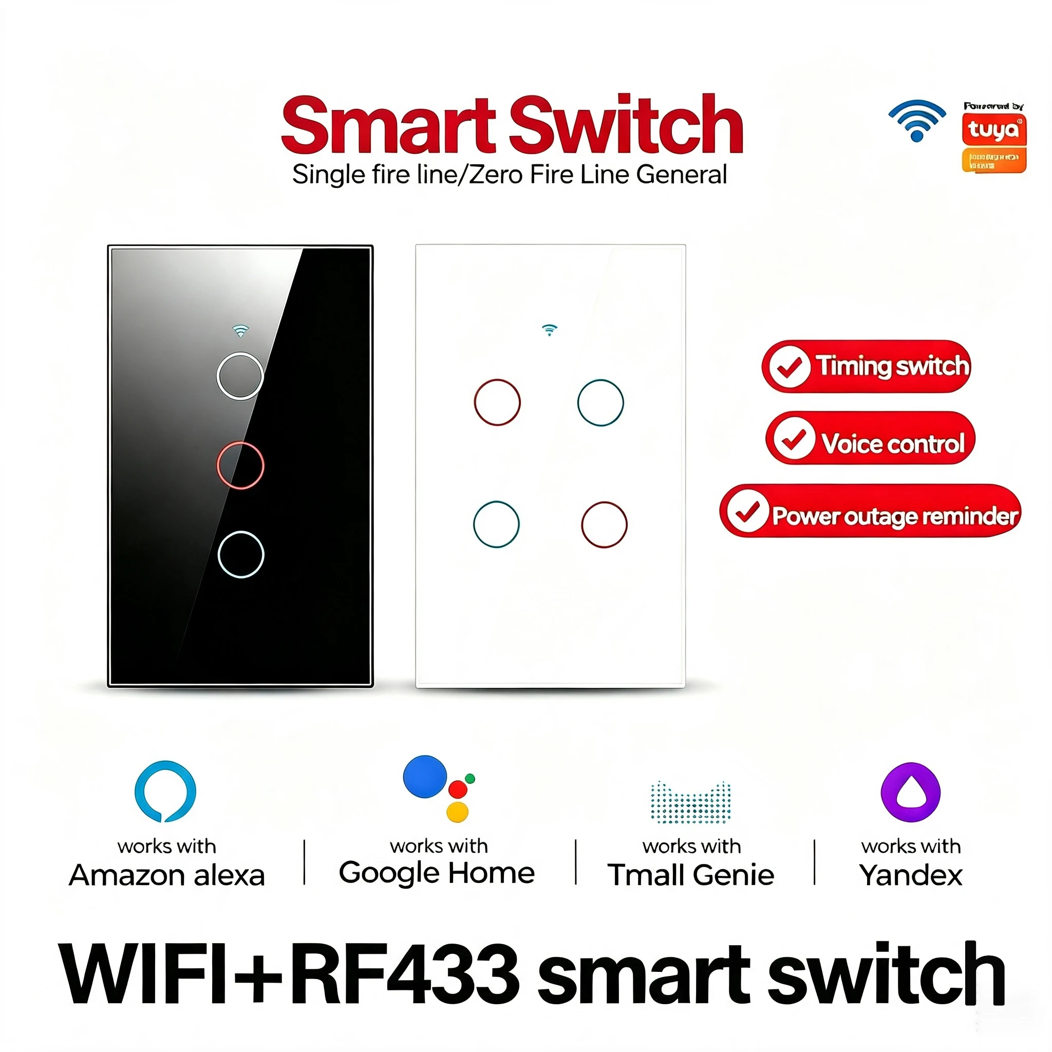 WiFi+RF433 Smart Touch Switch Voice Control via Alexa Google Home Tuya Smart Life App Timer Schedule Single Zero Fire Wall Compa