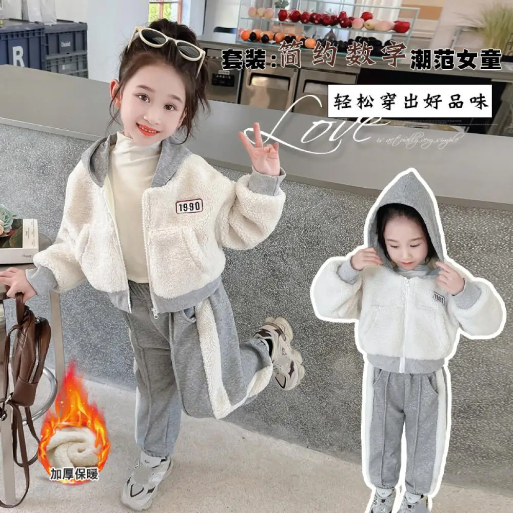 

Kawaii Girl Keep Warm Hooded Zip-Up Jacket Tops Pants Set Student Autumn Winter Cartoon Casual Thicken Sports Shirt 2-Piece Set