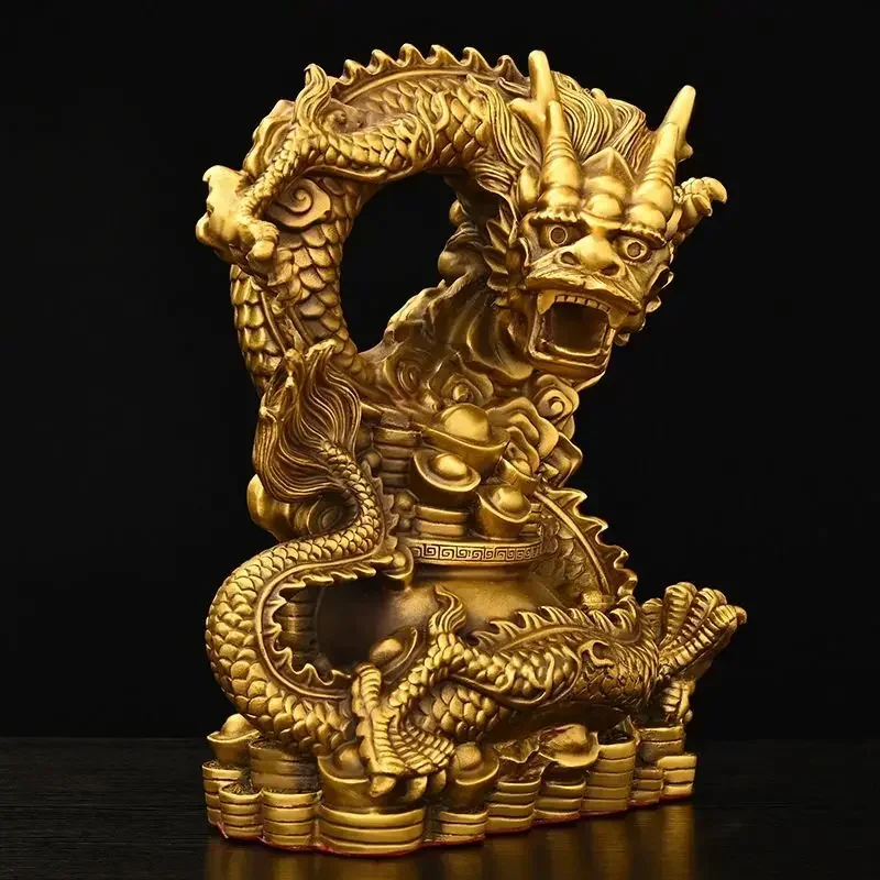 MOYU Chinese Pure Copper Fengshui Animal Dragon Ornaments Treasure Bowl Dragon Zodiac Home Desktop Statues Decorations