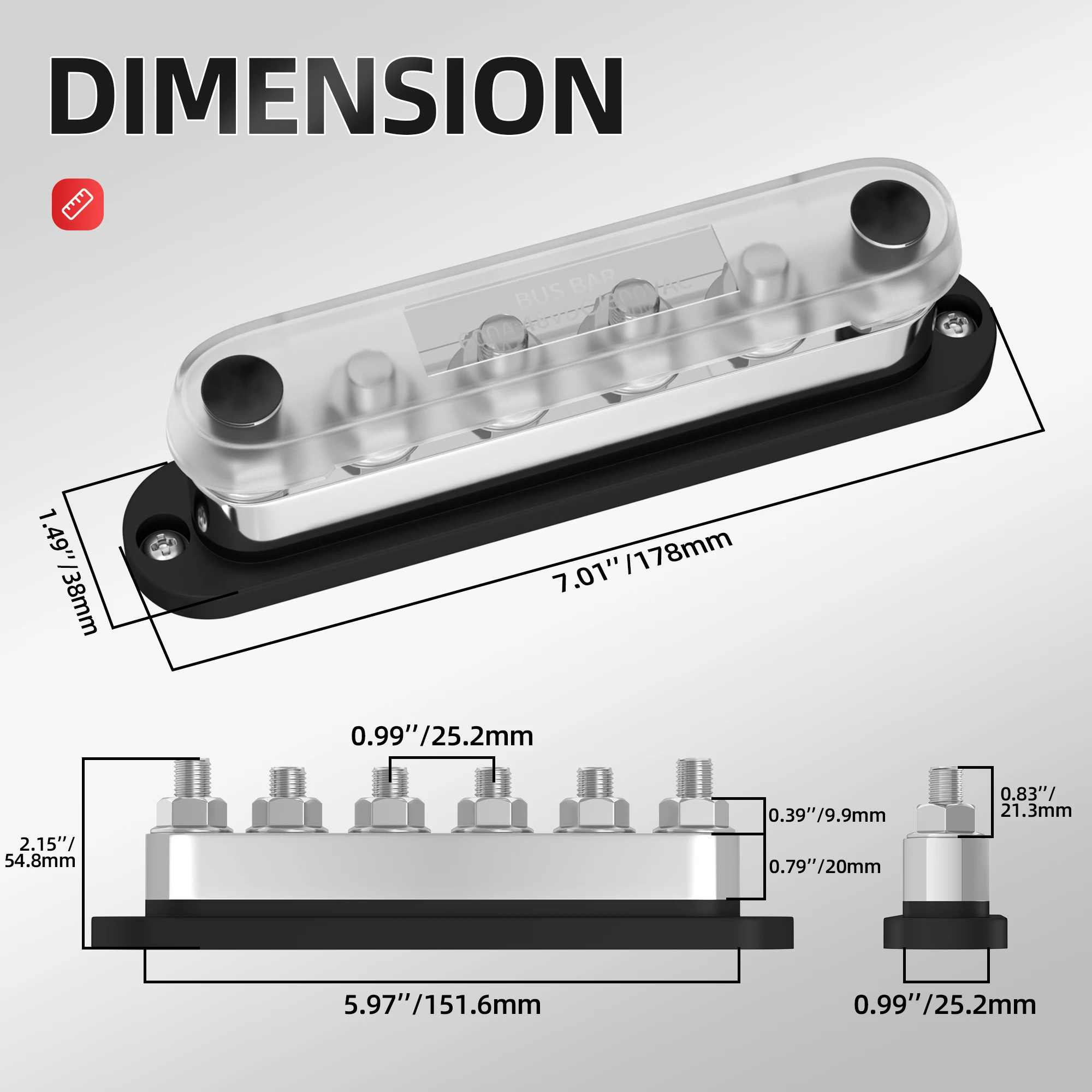600A Bus Bar 12V DC Power Heavy Duty Busbar 600A Terminal Block 6 Way Busbar M10 Terminal Post Black Red Color With Cover