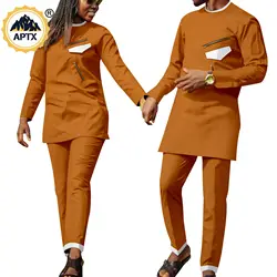 African Clothes for Couples Dashiki Kaftan Men Top Shirts and Pants Sets Match Women Outfits Bazin Riche Lover Clothes Y22C035