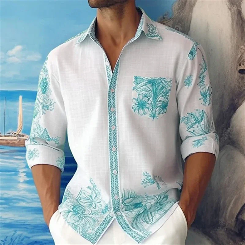 

Hawaiian 3D Digital Printed Fashionable Men's Street Casual Bamboo Long Sleeved Left Patch Pocket Flip Collar Shirt For Comfort