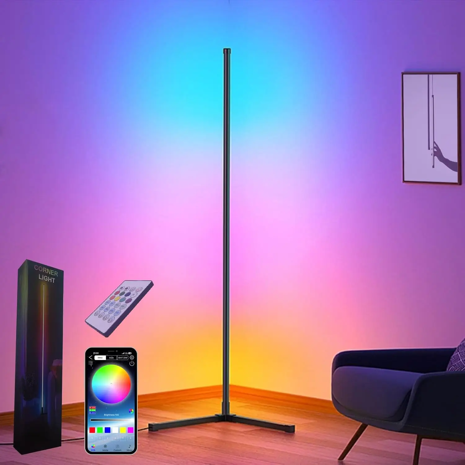 Corner Floor Lamp,60” Smart Rgb Led Corner Lamp With App And Remote Control, Color Changing Ambience Light With Music Sync,