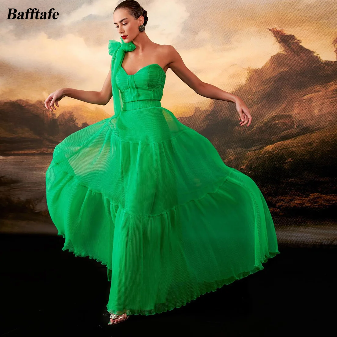 

Bafftafe Green A Line Tulle Prom Dresses For Women Flowers One Shoulder Tiered Skirt Long Formal Evening Gowns Wedding Party