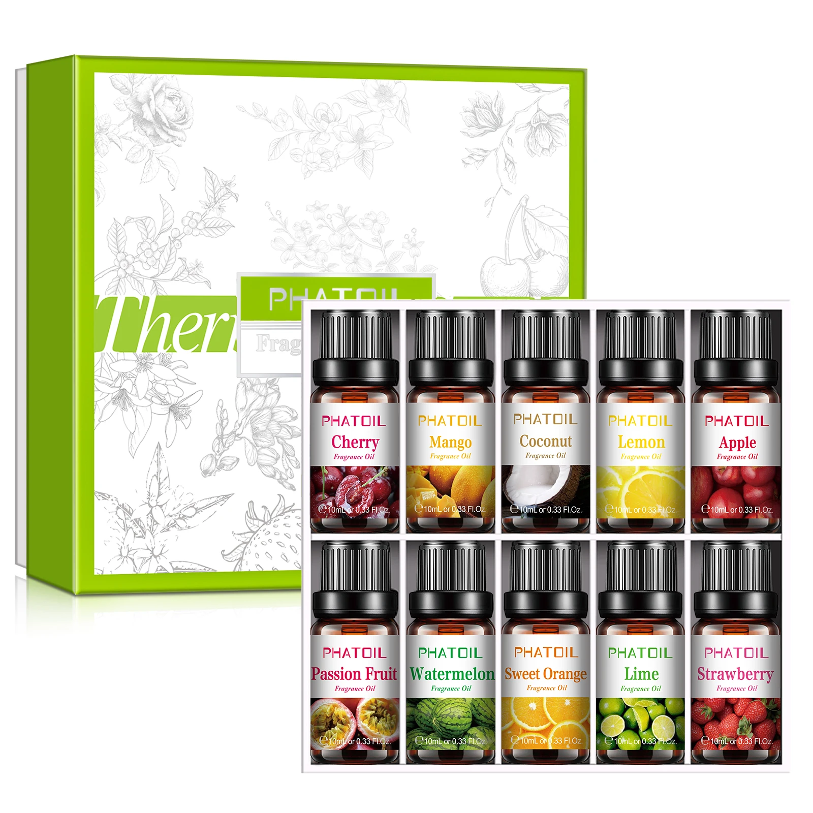 

Phatoil 10pcs Gift Box Fruit Fragrance Essential Oils Lime Mango Coconut Cherry Passion Fruit Orange Strawberry Lemon Apple Oil