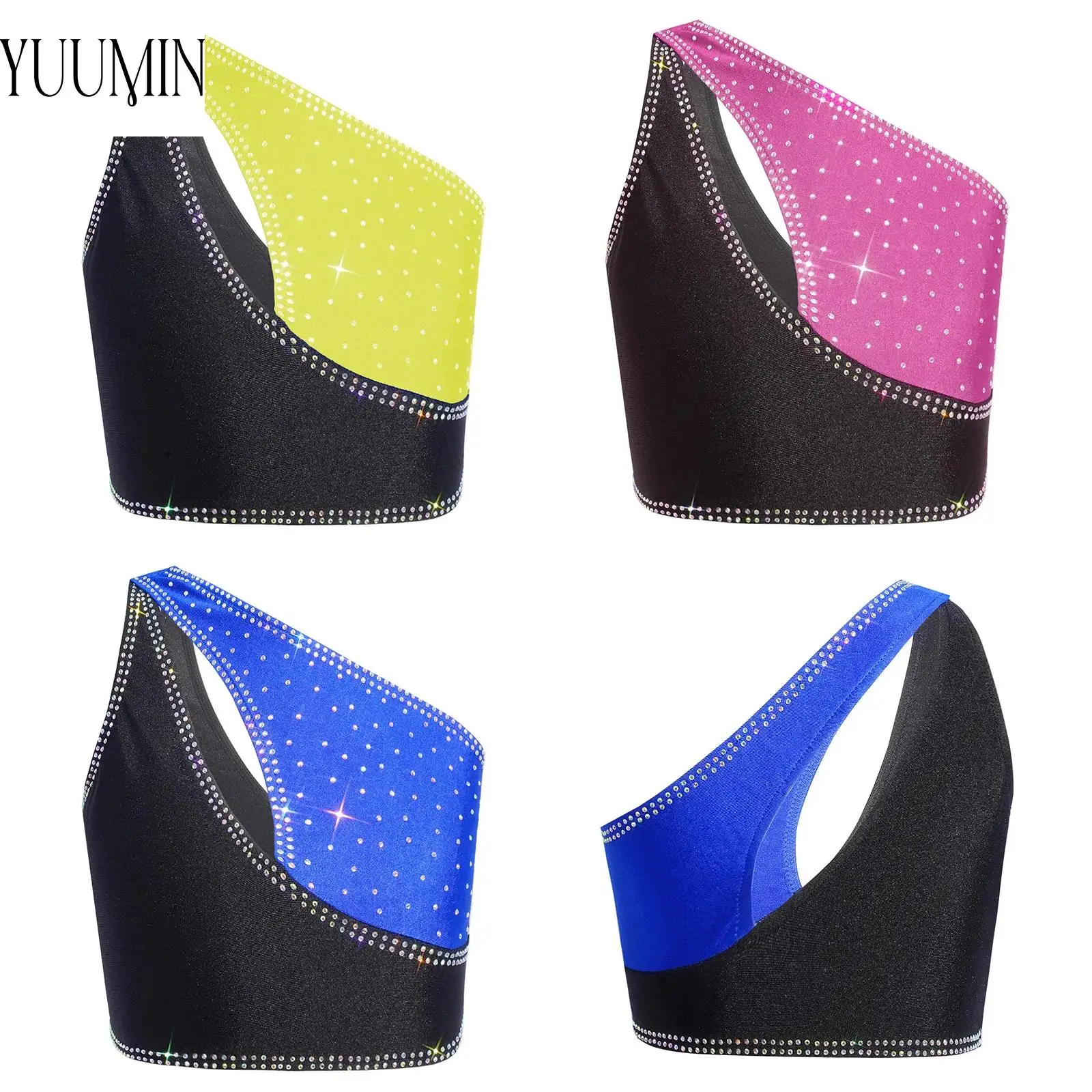 

Children's Rhythmic Gymnastics Acrobatics Figure Skating Ballet Dance Tops Girls One Shoulder Sleeveless Rhinestones Crop Top
