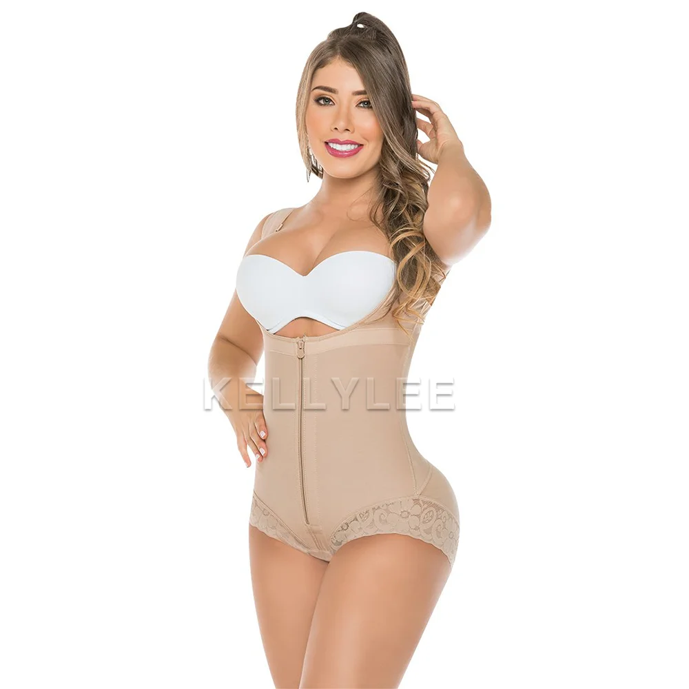 Triangle Conjoined Body Girdle Sleeve Armchair and Panty with Zipper & Hook Eyes Antibacterial Shapewear Thong Tummy Control