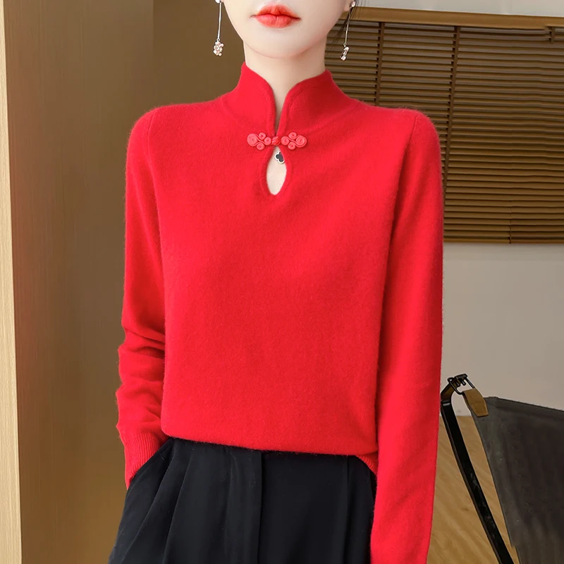 

Autumn Winter New Chinese Stand Collar Disc Buckle 2025 Sweater Women Long Sleeve Bottom Knit Top Vintage knitwear Sweater 3506