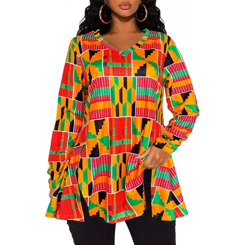 V Neck Long Sleeve Tunic Tops for Women Loose Fit Dressy for Leggings African Dashiki Shirts