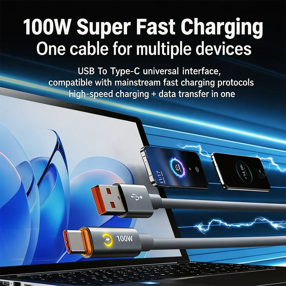 KEBIDUMEI 100W USB to Type C Cable Auto Power Off Fast Charging Cable Data Cable USB Charging Wire for Phone Laptop Tablet