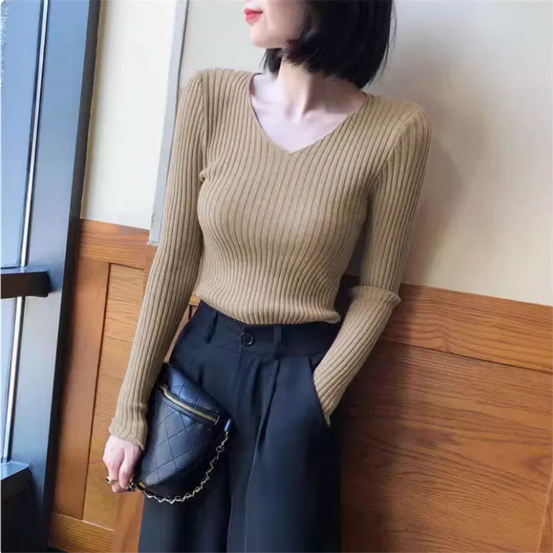 Knitted Sweater Women Pullovers New Long Sleeve V-Neck White Knit Sweater Pullover Women Tops Knitwears Sueters De Mujer Q1073