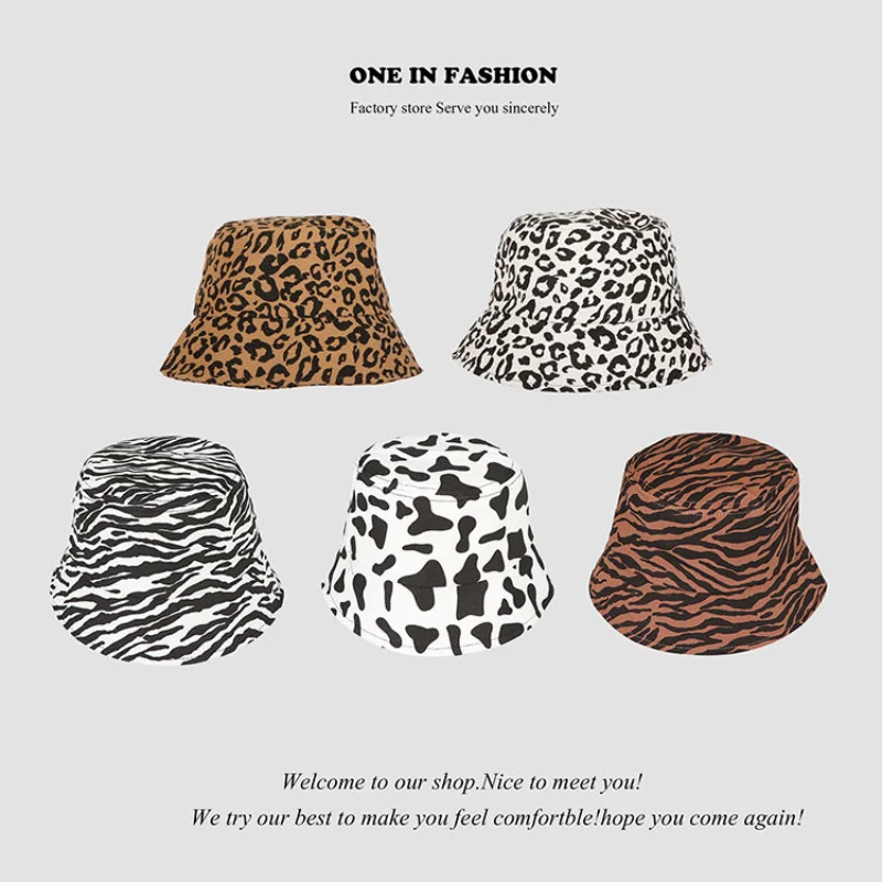 New Bucket Hat Retro Zebra Print Fisherman Hat Women's Hats Leopard Print Double-sided Printing Basin Cap Fashion Sun Hat