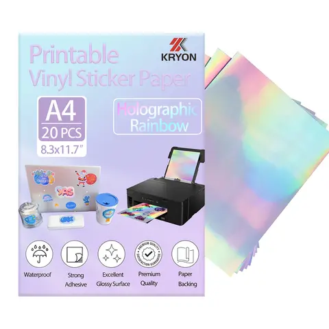 Papel adhesivo imprimible holográfico arcoíris A4, 20 Uds., para chorro de tinta y impresora láser, pegatina de vinilo, papel imprimible de 8,3x11,7 pulgadas