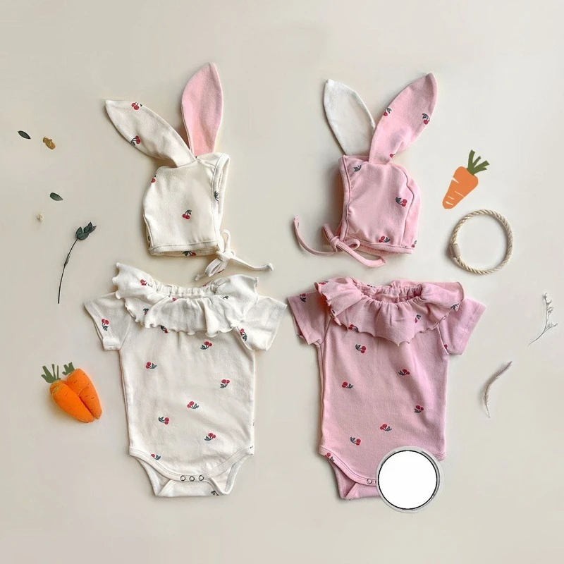 New Cute Cartoon Rabbit One-piece Climbing Suit Cherry Print Romper Summer Newborn Jumpsuit for 0-1 Years Old Baby Clothes