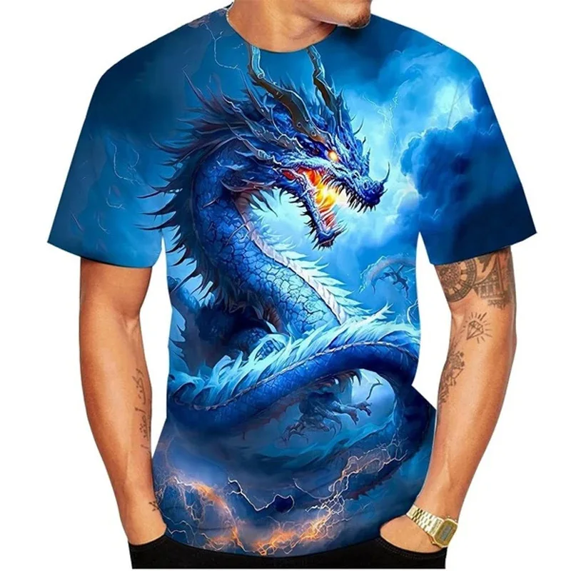 

mens clothing graphic T-shirt 3D digital dragon totem print short sleeved loose breathable round neck top streetwear t shirt