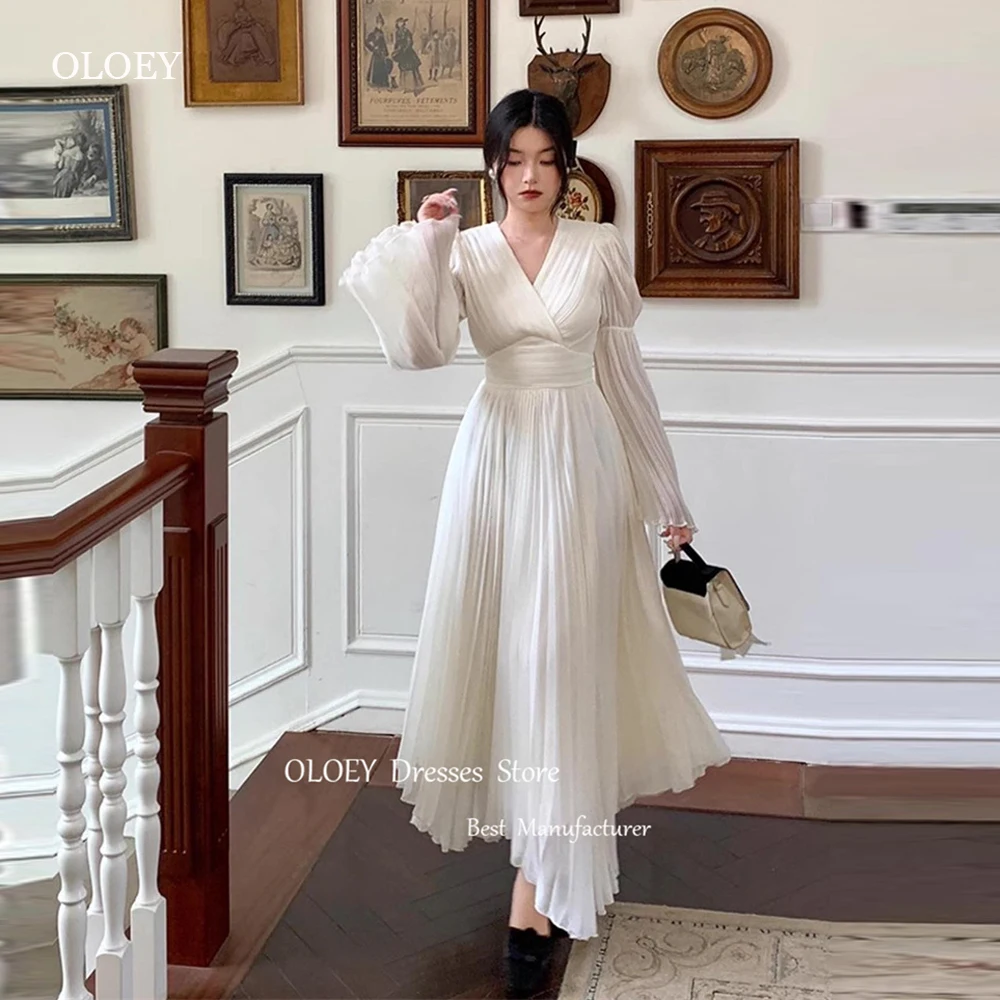 OLOEY  2024 Vintage Silk Chiffon Korea Lady Evening Party Dresses V Neck Puff Long Sleeves Ankle Length Formal Party Gowns