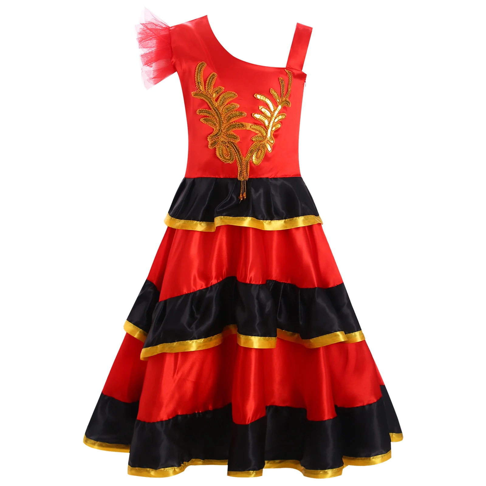 

Kids Girls Irregular Shoulder Tiered Ruffled Belted Dress with Headwear Ballroom Swing Skirt Dance Dress Performance Costume