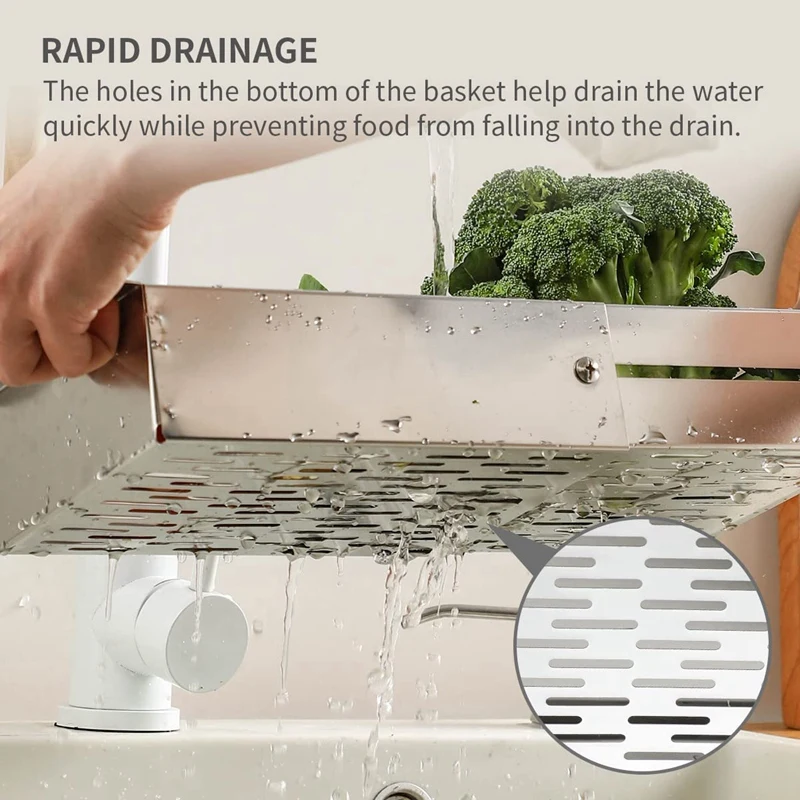 싱크대 위의 소쿠리 여과기 바구니 스테인레스 스틸 - 야채와 과일 세척, 요리된 파스타 배수 - 확장 가능