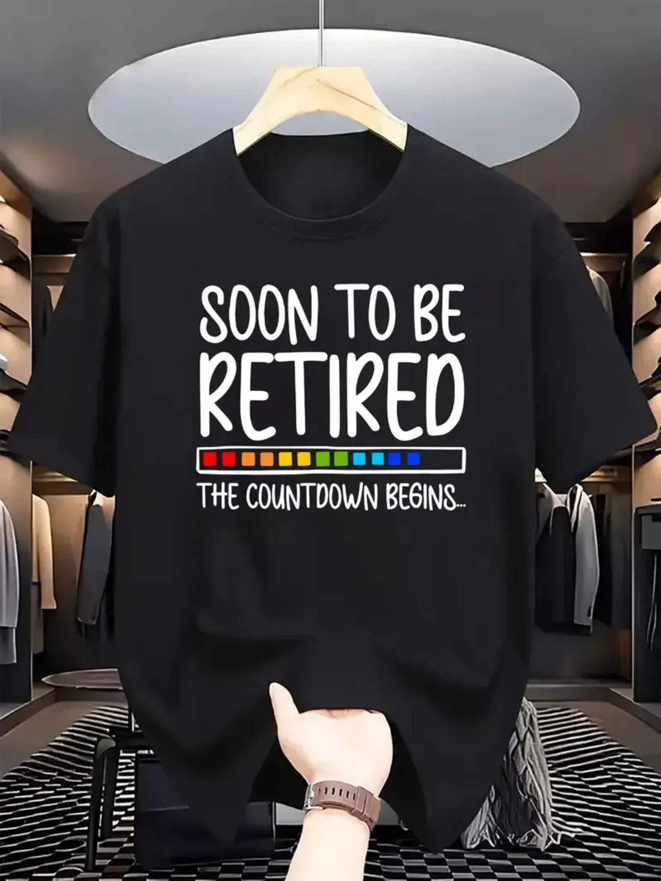 Funny Men's Black Graphic T-Shirt Soon to Be Retired Countdown Begins Rainbow Progress Bar Bold Letter Print 100% Cotton Heavyweight Short Sleeve Casual Streetwear Tee