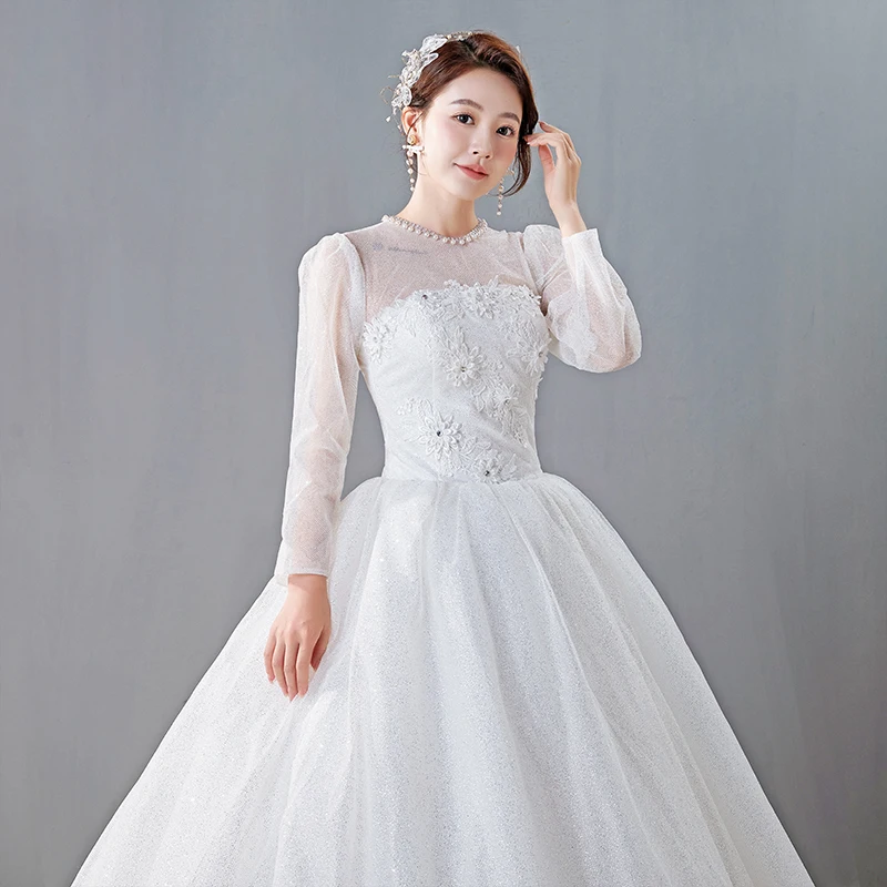 AnXin SH princess white flower lace vintage o neck beading pearls illusion long sleeve ball gown customized wedding dress