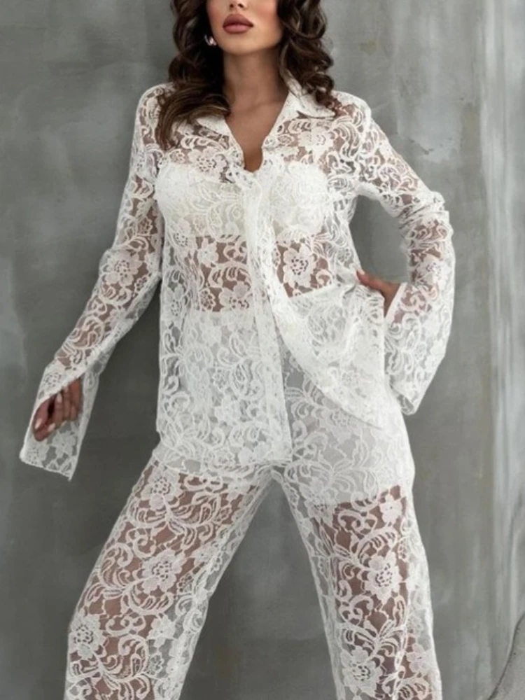 

Tossy Sexy Hollowed-Out Long Pants 2 Piece-Set Women Printing See-Through Shirts And High Waist Wide-Leg Pants Women Pants Sets