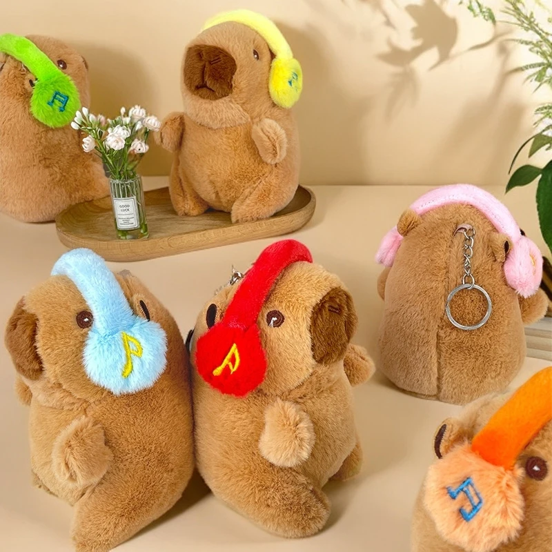 Creative Cute Headphone Capybara Plush Doll Toys Keychain Pendant Bag Hanging Ornaments Keyring Stuffed Doll Kids Birthday Gifts