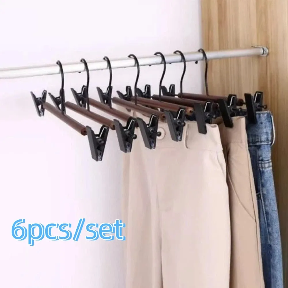 6 Pieces Adjustable Wood Pants Hangers Anti-slip Space Saving Trouser Hangers Windproof with Clips Clothes Drying Rack Hotel
