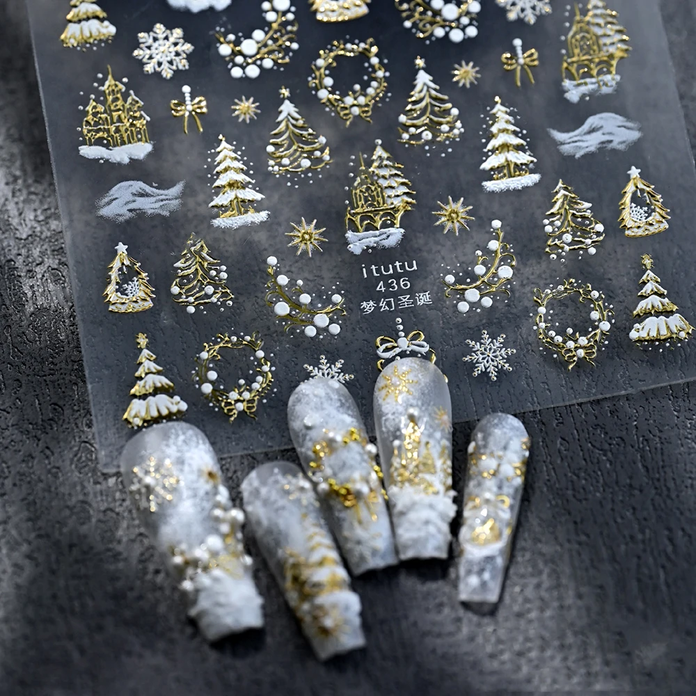 5D geprägte Gold Schloss/Girlande/Weihnachtsbaum Nagelaufkleber weiße Schneeflocken Schleife Stern Nagelaufkleber selbstklebende Weihnachts-Nageldekoration – Detail 4