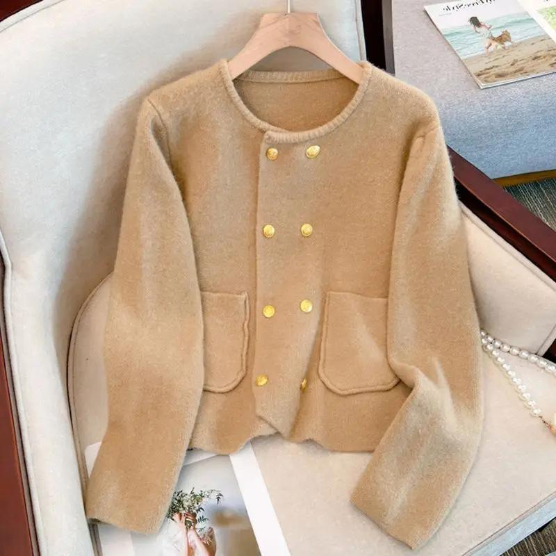 2024 Autumn and Winter All-match Sweaters Socialite Temperament O-Neck Solid Color Loose All-match French Double Breasted Coat