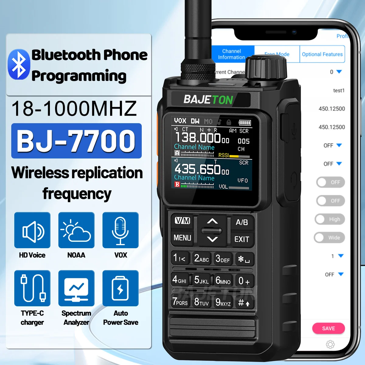 BAJETON BJ7700 Walkie Talkie Portable Full Band Bluetooth Programmer Noise Reduction Spectrum Analyzer AM FM NOAA Two Way Radio