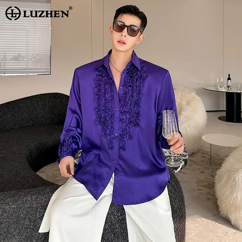 

LUZHEN Fashion Satin Glossy Long Sleeved Shirt Men Elegant Original Three-dimensional Flower Splicing Design Trendy Tops LZ2944