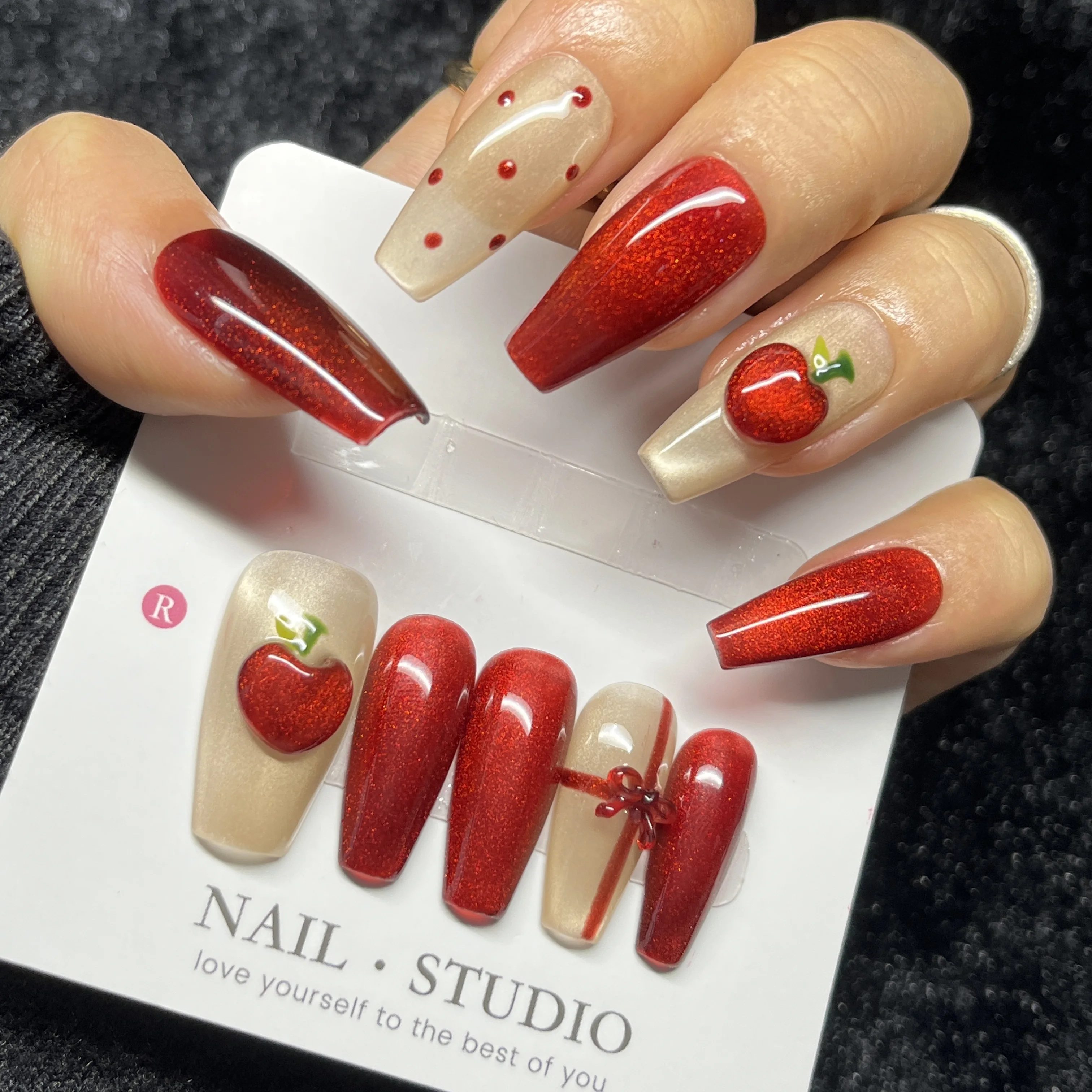 

10PCS Christmas Cartoon Press on Nails Long Coffin Red White with Snowman Cherry Bow Polka Dots Cute Festive Fake Nails Handmade