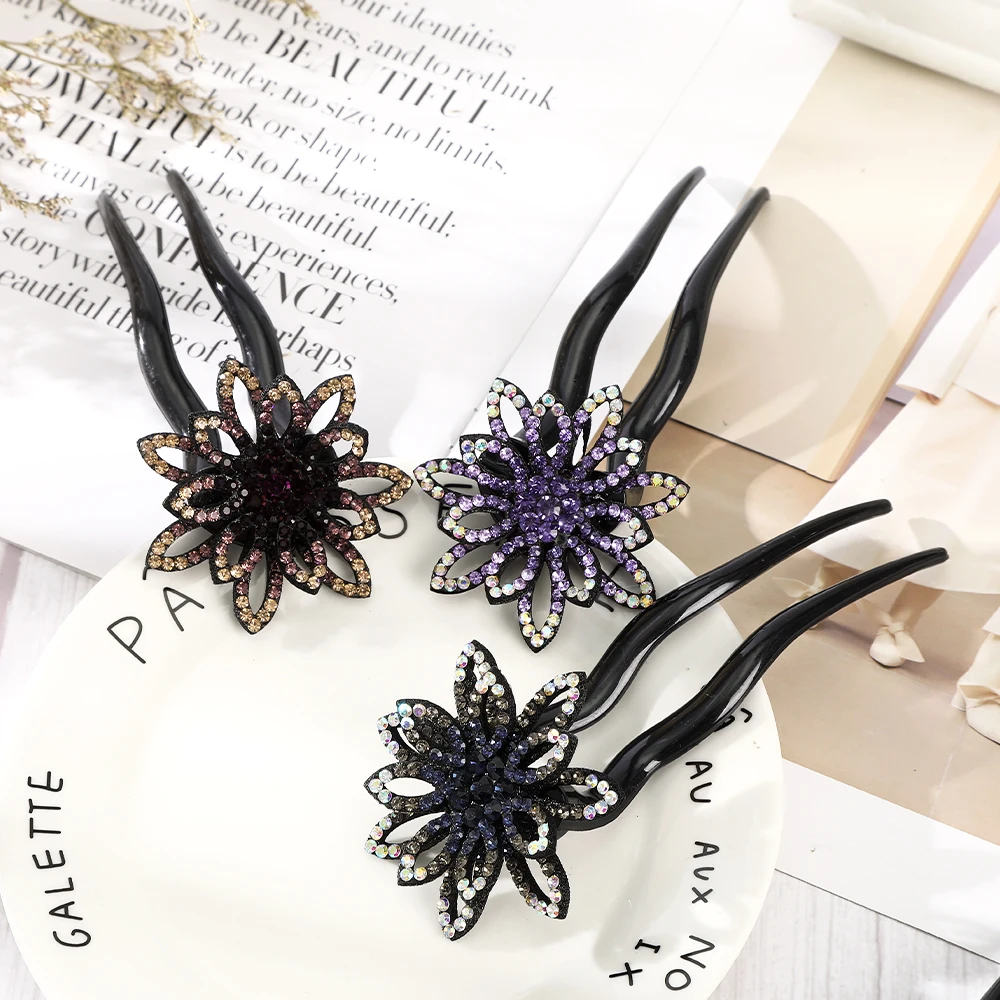 Fashion Elegant Vintage Flowers Hair Sticks Colorful Hairpin Rhinestone Bridal Pins Clips Charm Women Crystal Hair Accessories