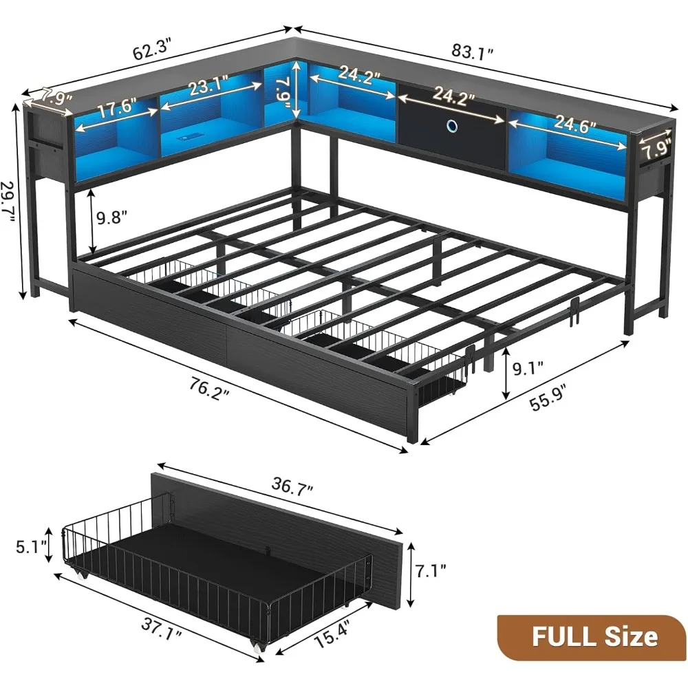 Estrutura de cama de canto completa com estante de armazenamento, cama de dia com gavetas de armazenamento, cama de plataforma de metal com estação de carregamento