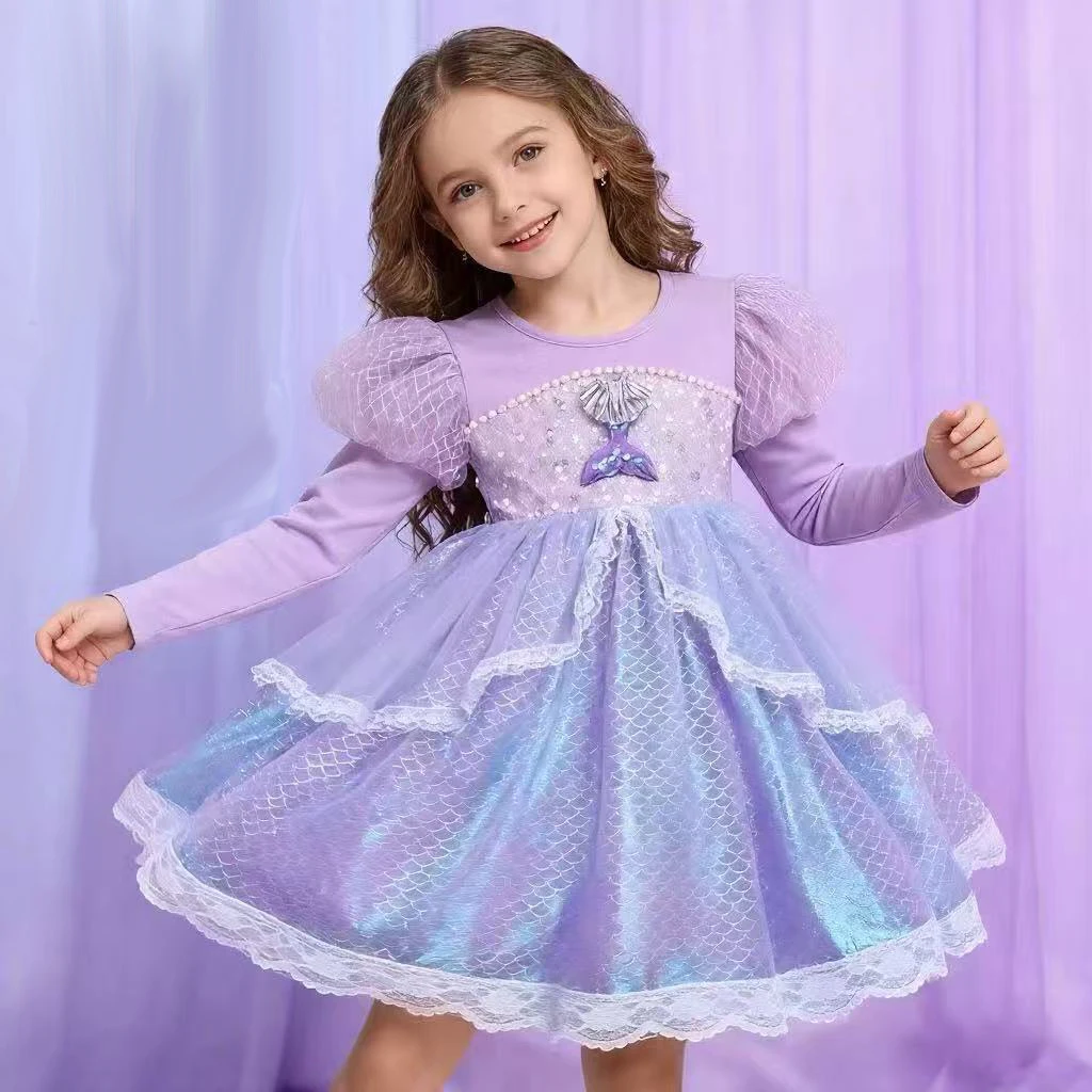 

Purple Mermaid Princess Dress Cotton Lantern Sleeve Gradient Tulle Skirt Girls' Spring/Fall Dresses Baby Summer Fairy Tale Gown
