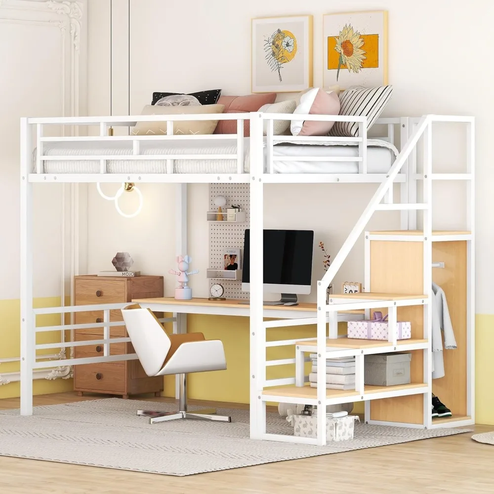 Modern Full Size Loft Bed with Staircase and Desk, Metal Loft Bed Frame with Wardrobe and Storage Shelves, Study breaks in one