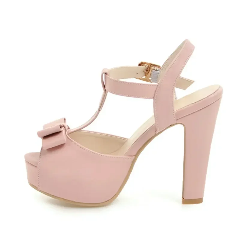 Bowtie Women Gladiator Sandals High Chunky Platform Heel Black White Pink Peep Toe Bridal Party Office Lady Summer T-strap Shoes - view 3