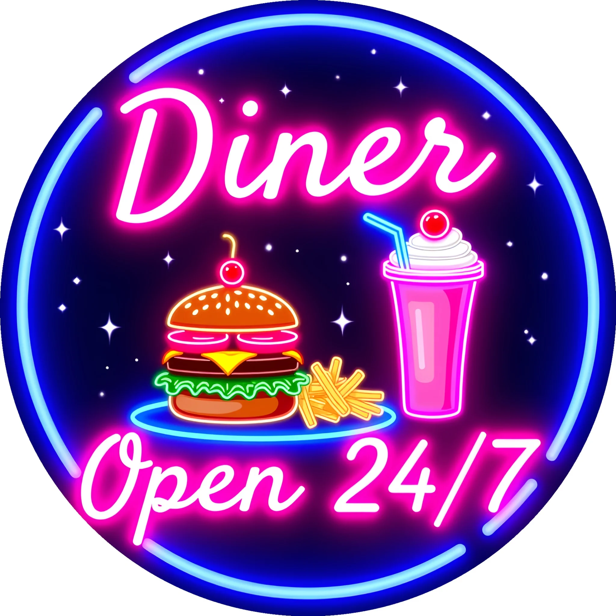 2D Flat Diner Open 24/7 Neon Effect Round Metal Sign Burger Milkshake Pattern Restaurant Wall Decor Plaque