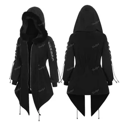 ROSEGAL Plus Size Gothic Asymmetric Coat Black Fluffy Fur Trim Full Zipper Lace Up Drawstring Jacket Women's Coat Hooded Outwear