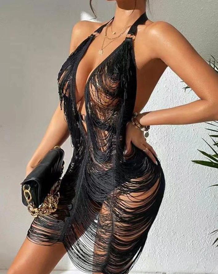 

Sexy Tassel Dresses for Women 2024 New Spring Summer Backless Romantic Babydolls Halter Design Semi Sheer Mini Party Sexy Dress