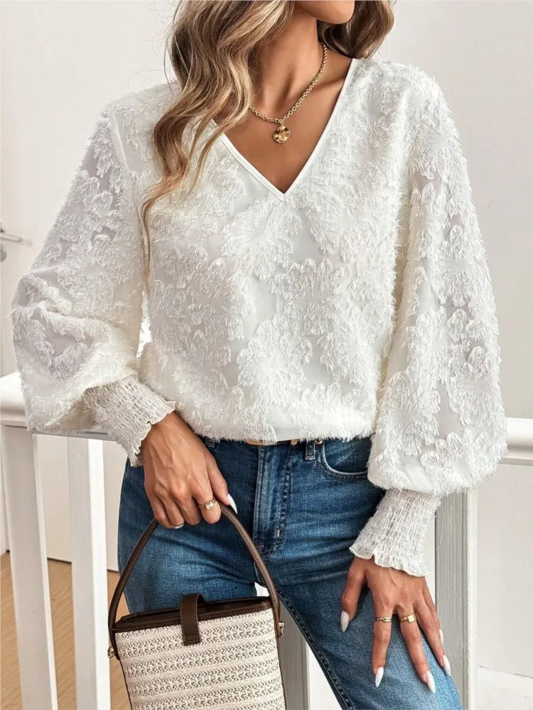 

Nice Spring New Tops Autumn Elegant Women's V-neck Lantern Sleeve Embroidered Casual Romantic White Shirt Top Female Clothing