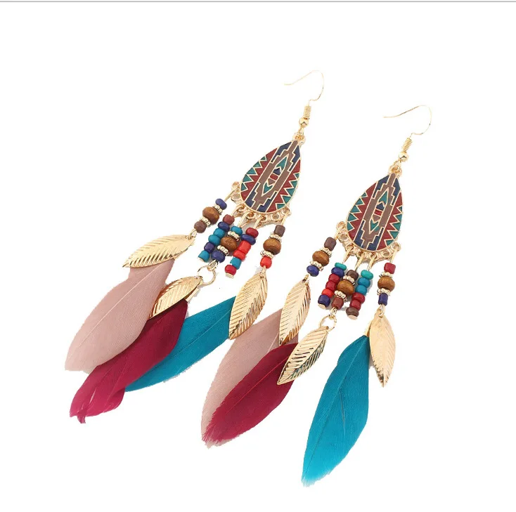 1Pair Bohemian  Tassel Dangling Earrings Colorful Feather Leather Stud Earrings Indian Feathers Summer Womens Fashion Jewelry