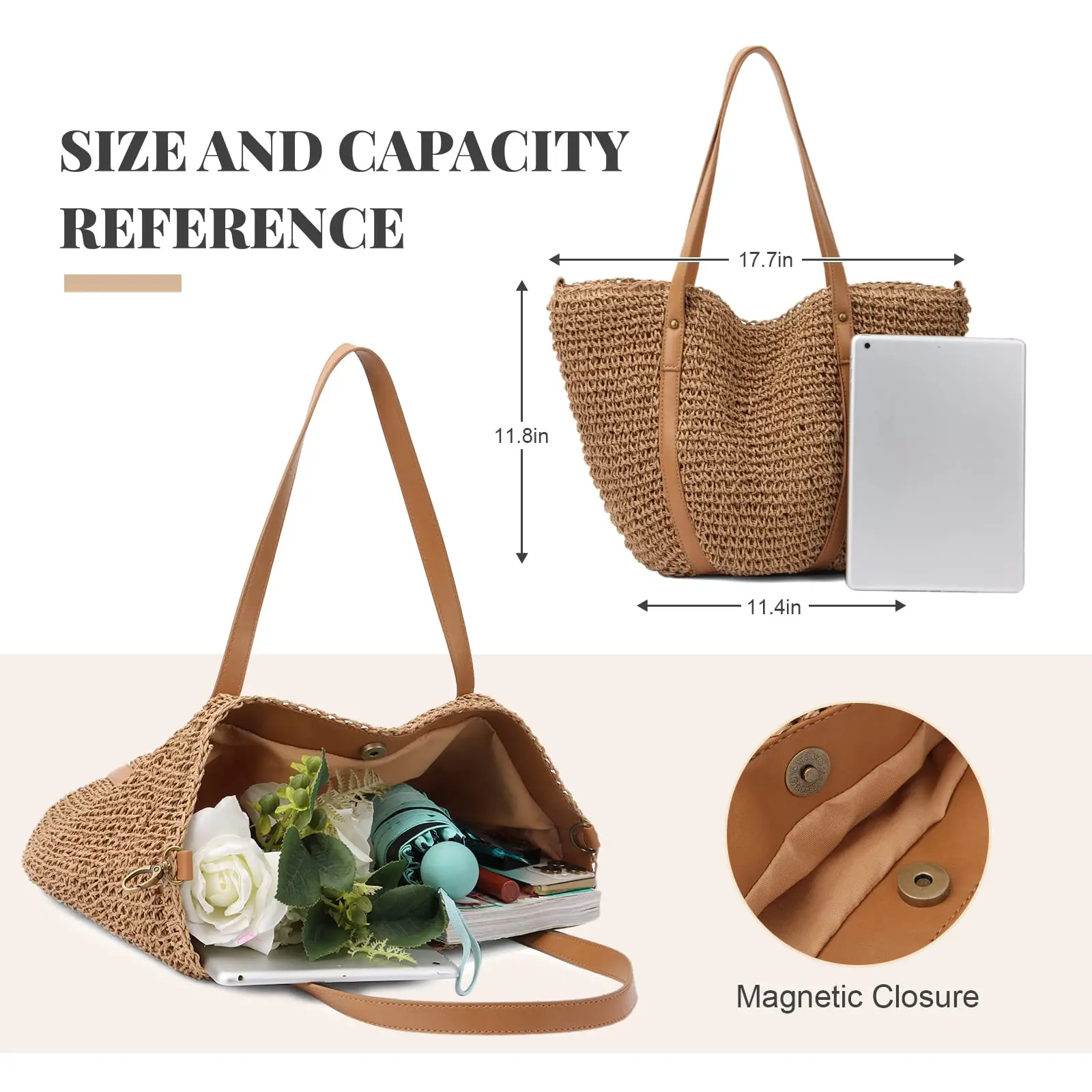 Summer Casual Straw Tote Bag Large Capacity Woven Shoulder Handbag for Summer Beach Vocation