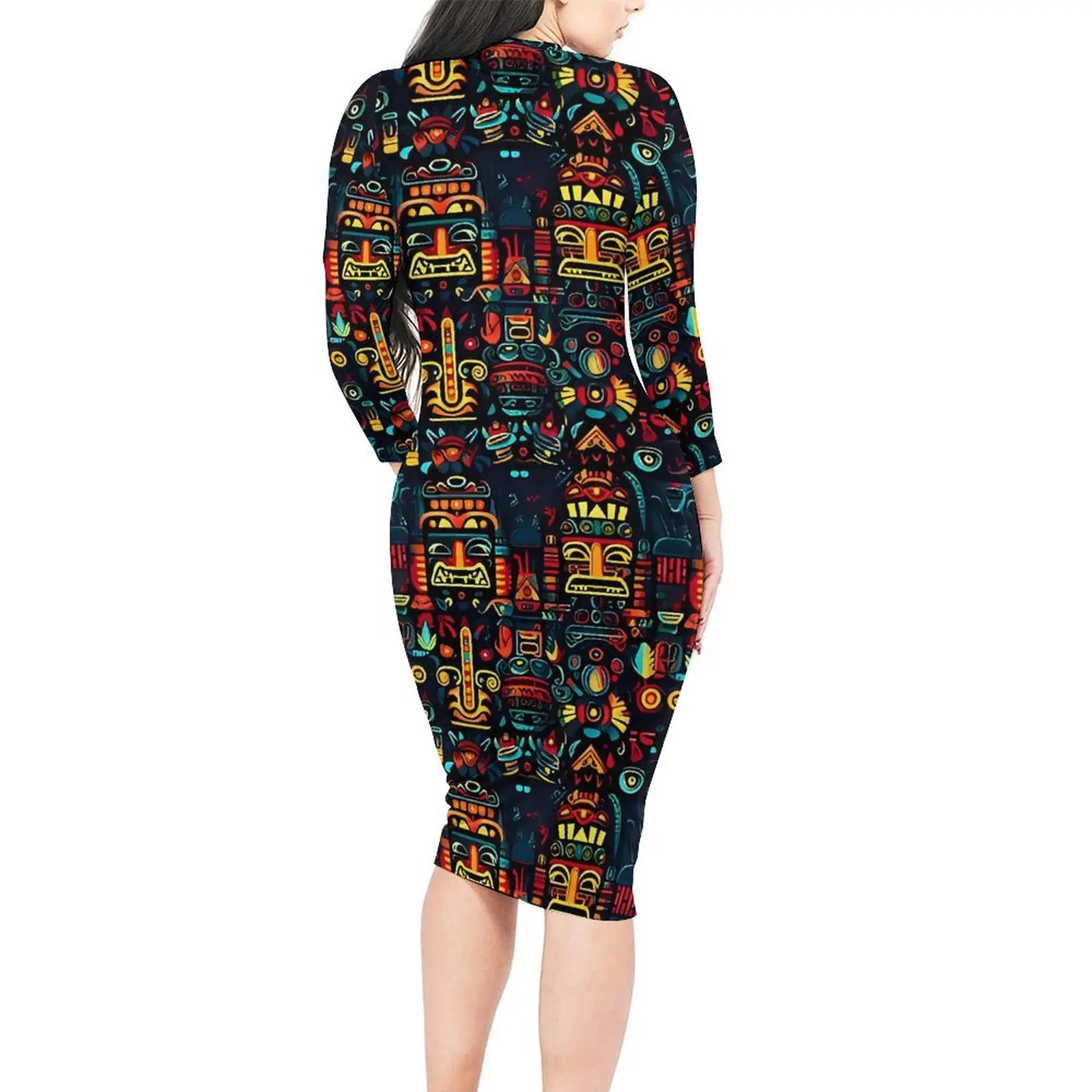 Aztec Art Vintage Print Dress Woman  Korean Fashion Bodycon Dress Holiday Long Sleeve Cute Dresses Custom Oversized Vestido